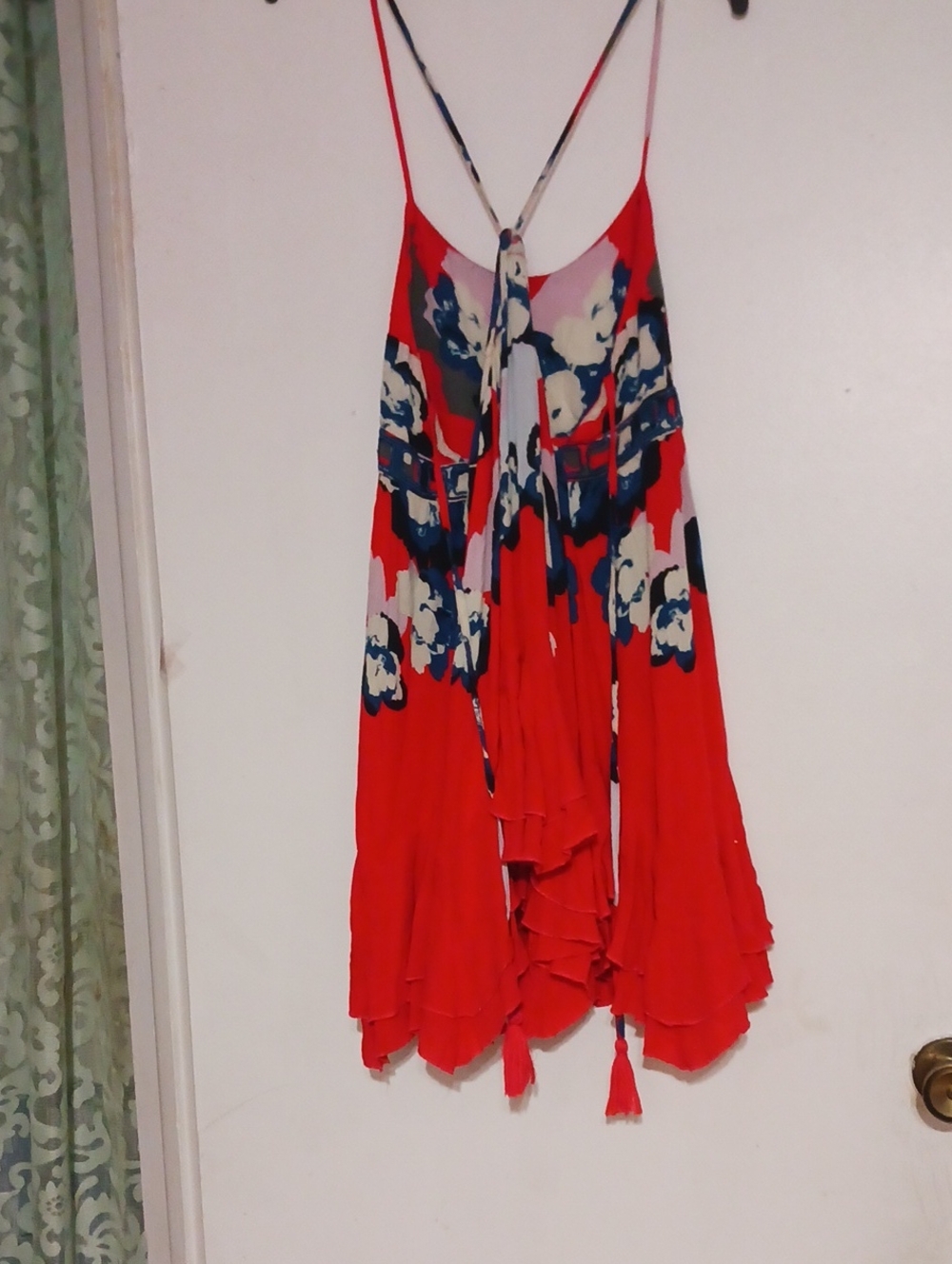Free People Red Floral Spaghetti-Strap Ruffled Tank